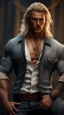 handsome warrior king, muscular, long blonde hair, male age 30, wearing jeans and a white buttonup shirt, tan skin, tattoos,photorealistic 4k dark fantasy