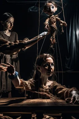 a digital image of a woman seated on a table, she is connected to string like a puppet, arms in air, moved by the strings, puppet like features in the face, beautiful face, behind her is a huge image of a man holding the strings, creepy character,.zoomed in, dark and shadowy background with selective lighting on the woman