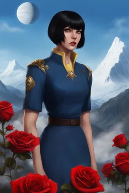 Werewolf - full body - Planet of the Werewolves - black hair, Deep Blue Eyes - head and shoulders portrait - Lenna, part wolf, part human, short, bowl-cut, straight black hair, the bangs cut straight across the forehead, she resembles a wolf, and she resembles Spock - Mountains, blue skies, clouds, red roses, blue roses, yellow roses, honeysuckle roses, carnations, lilacs, professional quality, 32k, UHD, glossy, 1080p, Extremely high resolution Digital photograph, reality