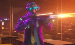 cyberpunk man, restaurant with purple lights, full of people, pointing a gun