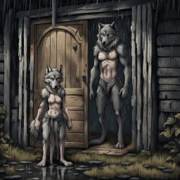 fantasy digital art of crying young female anthro wolf in gray hairy wolf body and wears just a short canvas rag around her waist , sadly crying face stands in the rain front the door, behind her an tall anthro dark hairy wolf man standing behind in rustic halb open door in an massive wooden house, deep colors, rainy day, detailed, anthropomorphic creatures, fantasy, sci-fi mood