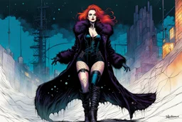 Create a fine art print , full body illustration of an epic fantasy Gothpunk sorceress Girl , with finely lined and detailed facial features, in a ragged fox fur coat, fishnet stockings ,battered combat boots, , in the comic book style of Bill Sienkiewicz, Philippe Druillet, and Jean Giraud Moebius, precisely drawn, colored and inked