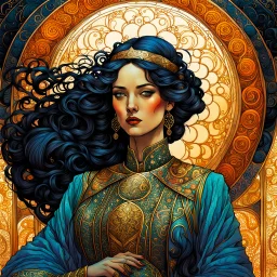 create an ethereal, darkly magical illustration of an epic female Andalusian guitarist with highly detailed and deeply cut facial features, in the style of GUSTAV KLIMT and ALPHONSE MUCHA combined with the comic art style of BILL SIENKIEWICZ and JEAN GIRAUD MOEBIUS, searing lines and forceful strokes, precisely drawn, inked, and darkly colored