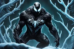 Shadow symbiote in 8k sci-art drawing style, bear them, neon ice power, ice forest, highly detailed, high details, detailed portrait, masterpiece,ultra detailed, ultra quality