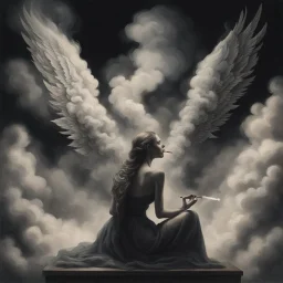 women sitting forward Her face turned upwards and blows cigarette smoke from their mouth. It depicts a figure with wings emerging from its back. behind the clouds of smoke seen death. dark and mysterious