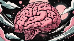 Comic style, bare transparent pink human brain flying trough the universe, background galaxy's