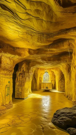 A golden yellow cave with music notes painted by Qiu Ying