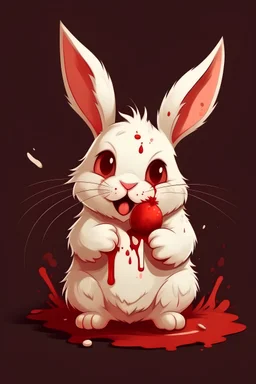 a white and brown bunny holding a red blood cell in its hands. The drop of blood should be bigger tahn its hands. We should be able to see the bunny's face. the bunny is smilig