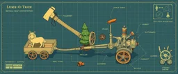 isometric blueprint of hi tech metal gear half Gnome half goblin invention, winning prize at gnome convention, The Lumb-O-Tron A jury-rigged combination of a cart, pulley system, and an axe designed to chop down trees. The motion is powered by {a pony in a wheel treadmill spurred by a carrot on a stick | a crude stationary bicycle | a tiny steam engine heated by a red pseudodragon in the chamber}