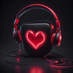 Luminous red heart wearing a headset connected to a phone, black wallpaper