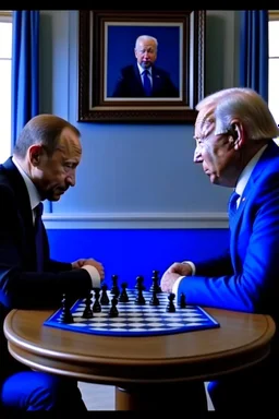 Vladimir Poutine playing chess against Joe Biden in hello. The devil is watching the game.