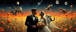 wedding couples promenade portrait of a bear ant eater squid elephant horse dragon floating in 4 dimensions, goa trance movie poster, stylized art, weird endless plants in the style of Dali and Rembrandt