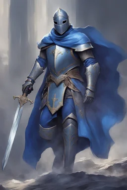 Knight wearing blue armor and blue cape with blue mask, holding a sword and shield