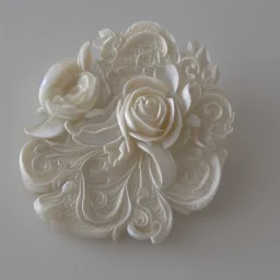 ivory brooch of a rose, opalescent marble carving, decorative design, classical ornament, highly ornate, highly intricate, highly detailed etching, marble carving, warm lighting, linen backdrop