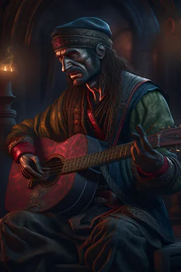 Bosch style Title: "gypsy guitar player , insanely detailed octane render trending on artstation, 8k artistic photography, photorealistic concept art, soft natural volumetric cinematic perfect light, chiaroscuro, award-winning photograph, masterpiece, oil on canvas, Raphael, Caravaggio, Greg Rutkowski, people, beksinski, Giger