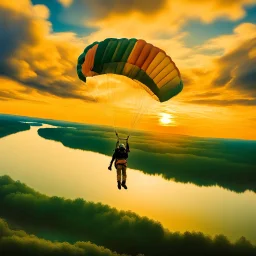 Create a picturesque scene from the POV of the parachute jumper soaring through the sky. Below, translucent clouds float gently, and vibrant, colors skies blend with shades of orange and gold at sunset. In the distance, a stunning landscape unfolds, featuring river and patches of green and gold, bathed in the warm light of the setting sun.