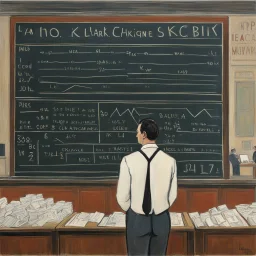 a naive painting of the stock exchange trader in front of the blackboard displaying prices: he underlines the fixing with chalk, thick lines, large areas of flat color, la ligne claire by Kupka