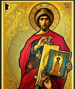 saint patron of photographers holding camera in hands. orthodox icon. Cyrillic inscriptions. hyperdetailed, Alphonse Mucha, poster, illustration, ink, oil on canvas, 18th century atlas