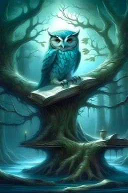 -imagine-fantasy style- the man from meddle ages stood under the watchful gaze of the majestic enormous owl holding a book, her voice resonated with enigmatic allure. "In a realm veiled by mystery, in cyan and misty glowing softly light inside the room of the tree has a lot of books