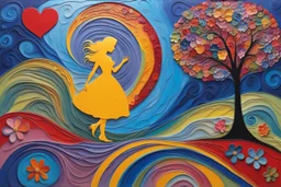 A heart shaped whimsical high raised impasto painting with poured acrylic and swirl patterns, vibrant and colorful artwork with intricate designs and patterns, set against a plain background. There are various elements like trees, flowers, and swirls painted in bright colors creating an enchanting scene. A silhouette of a girl is depicted, appearing to be in motion towards the colorful image. The ground where the girl stands is adorned with flowers and plants