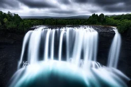 Cloudy dark sky, epic waterfall landscape, photograph, hyperrealism, 4k