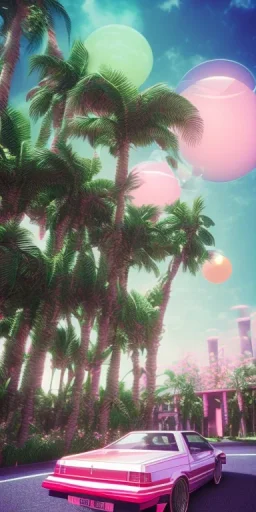 1980's aesthetic vaporwave palm trees with spheres and car