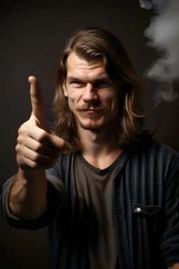 man with a mullet pointing his hand like a gun at the camera while he smokes a burning cigarette