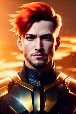 Male Cyborg anime warrior, orange hair, long hair, golden eyes, waist up portrait, 8k resolution, intricate details, ornate details, soft lighting, vibrant colors, retroanime, masterpiece, intricate eyeliner, dark eyeshadow, eyes, futuristic cityscape background