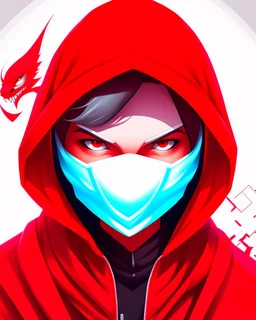 Draw an illustration with a red and white hood and a dragón mask over they eyes