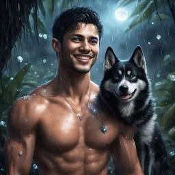 Hyper Realistic handsome shirtless muscular short black hair young man with wet chest smiling & standing with his black husky in a dark mystical jungle at rainy night with glowing crystals