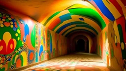 A beige underground granite mine covered in rainbow paint designed in German folk art painted by Henri Matisse