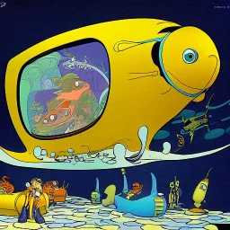 mix between the disney nemo submarine and the beatle yellow submarine by disney in a seabed imagined by winsor mccay