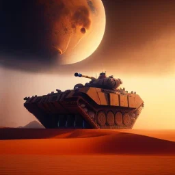 volumetric Wide desert view painted by chris foss of Military hovering tank, Turret, floating, hover, and laser from the future, 4k, 8k, [hovercraft] Minutiae, highly detailed, render, rivets, hovering, stripes, sunset duststorm, nimbus clouds