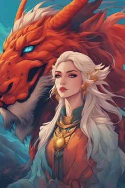 A dragon mixed with a mythical lion and a human female elf.Dramatic and powerful look and feel. Extensive attention to details. Bold lines. Vivid colors. 80s style retro anime art. Double exposure.