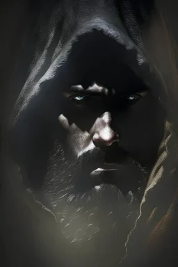 man in a black cloak, his face covered in shadows, only his eyes are visible through the shadows. The eyes are looking directly ahead. He has a thick beard