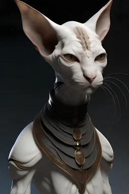 A realistic humanoid hairless cat bard
