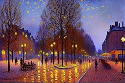 Night, square bench, lanterns, alfred sisley impressionism painting