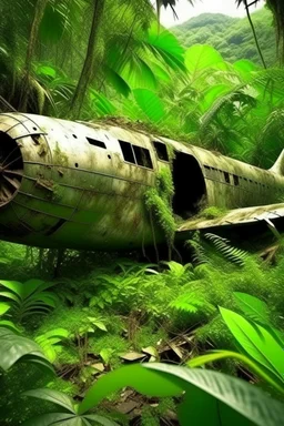 vegetation crashed old airplane in the jungle