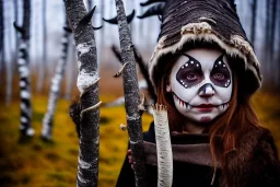 Northern Natives, birchbark in the face of Kekripukki, Scary Horns, Midwinter, Ghost, Mystic, Haunted Children, Witch, Wizard, Sage, Traditional Costumes, Full Face Painted colofully. Arctic Hills, Strange Forest, Haunting Atmosphere, Crazy