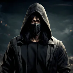 mysterious male Korean assassin, mask face, long hair, sweatshirt, post-apocalyptic background, dark and intriguing, confident, intense, handsome, 8K 3D