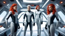 Photorealistic picture of a man in a flight suit with two tall, slender female androids in biosuits, one with red hair and one with white hair, standing on the bridge of a star trek style spaceship.