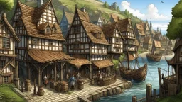 gothic medieval village at foot of cliffs, wooden harbour, shops, inn, taverns, houses, people, trees