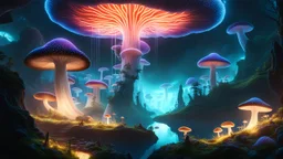 Prompt 16 (Mystical): "A vast, ethereal landscape with floating islands connected by a glowing, intricate network of mycelium-like strands, giant mushrooms, bioluminescent flora, soft lighting, magical particles, fantasy setting, deep colors, high contrast, volumetric lighting, 8k, trending on Artstation."