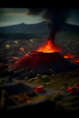 Extremely detailed photo (active volcano with lava flowing onto the Pompey-city:1.1), ((night)), tilt shift, super detailed, super realism, (view from city:1.3)