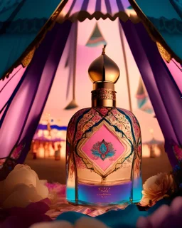 generate me an aesthetic photo of perfumes for Perfume Bottles in Bohemian Tent