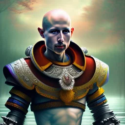 spray painted fantasy art, blurred realism, color corrected, white balance, book illustration,upper body of a realistic bald warrior monk by a dam ,autumn water, colorful, evening