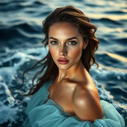 A high-quality professional Born of the Ocean looking directly into the camera with a calm expression, ultra-smooth flawless skin, soft dramatic studio lighting. walking in oecion Where the sea becomes a gown and every wave moves with her. A moment of gown in waves ,