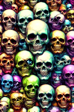 a field of 1000s of cartoonish, anatomically correct, skulls, vivid RANDOM BRIGHT neon colors, dark comedy, well lit, high detail, photorealistic, horrorcore, fun, scary, none featured, each a different color or hue,