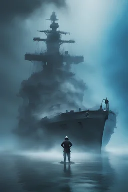 A ghostly ship captain standing in water up to his knees surrounded by a ghostly blue mist. A wrecked Arleigh Burke class destroyer is seen in the background.