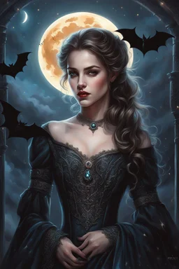 ultra highly detailed, cinematic, 32k, fairytale, gothic, a painting of a young vampire lady in a dress a detailed painting by Magali Villeneuve, behance contest winner, fantasy art, detailed painting, official art, unusual appearance, iridescent, delicate face , bats, romantic, big moon, moonlight, stars, , filigree details, dynamic lighting highly detailed, intricated, intricated pose, oil painting, thick strokes, masterpiece, high quality